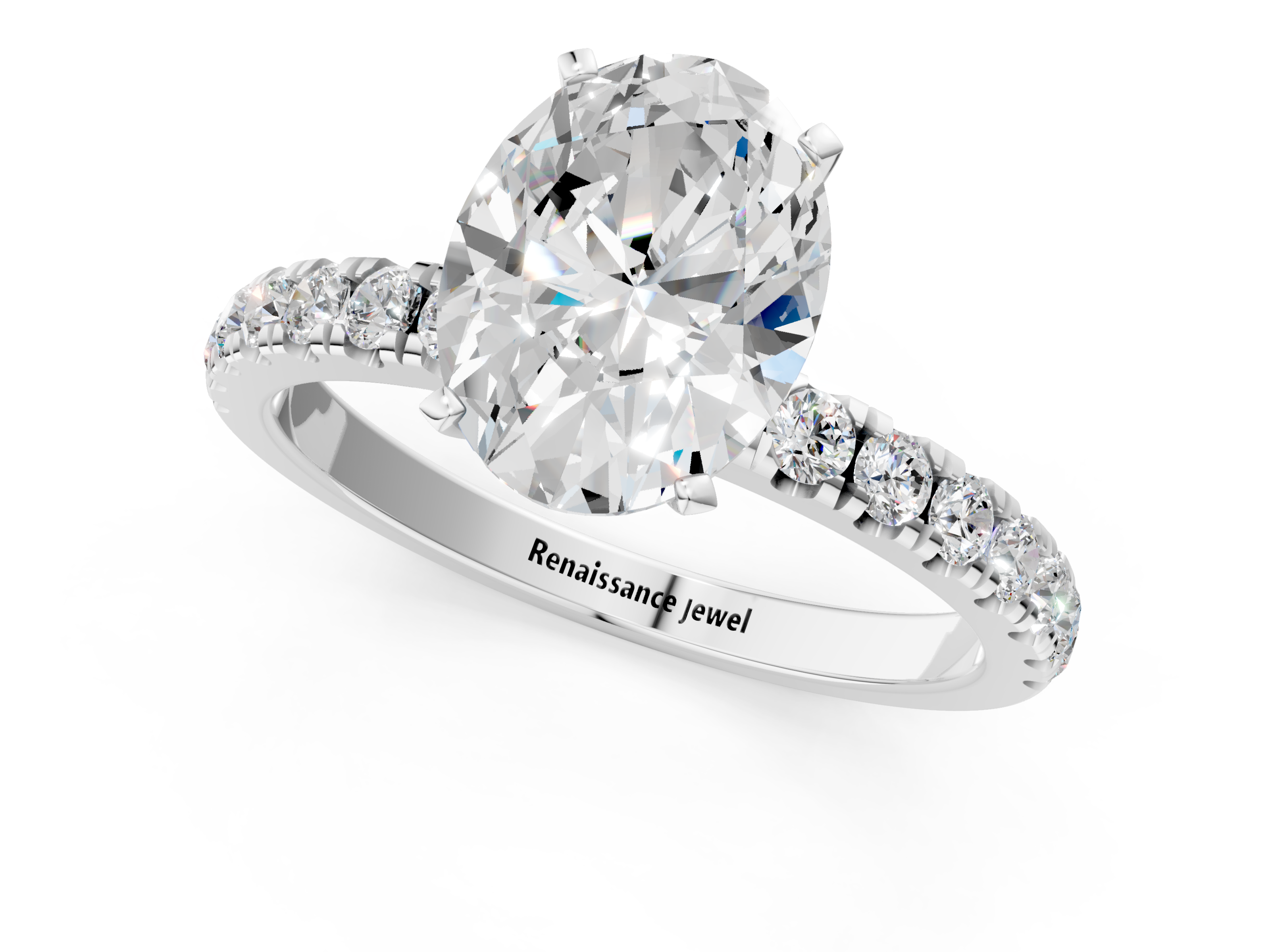 White gold Oval Solitaire Diamond Pavé Band with Four-Prong Setting_52