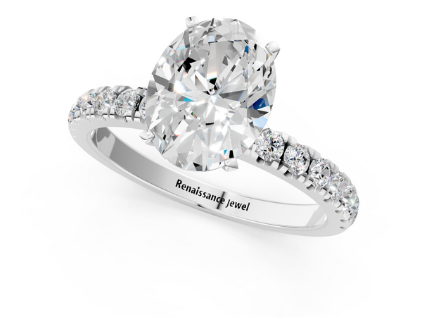 White gold Oval Cut Diamond Solitaire Ring with Pavé Accents and Four-Prong Setting