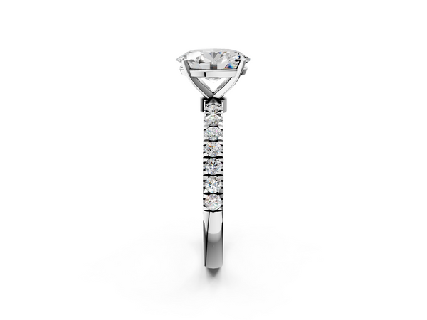 White gold Oval Cut Diamond Solitaire Ring with Pavé Accents and Four-Prong Setting