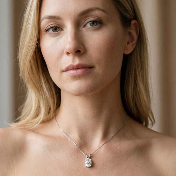 White gold Oval Solitaire Diamond Prong Pendant