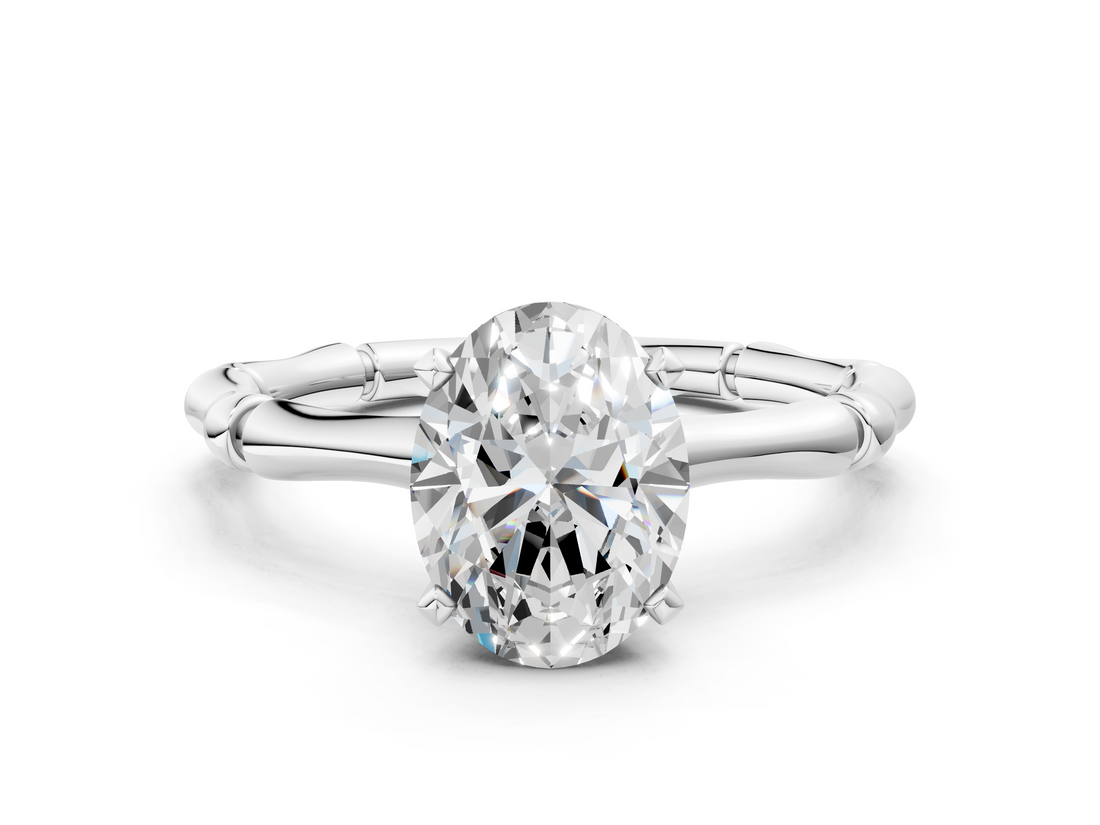 White gold Oval Solitaire Diamond Ring with Bamboo Band and Four-Prong Setting_57