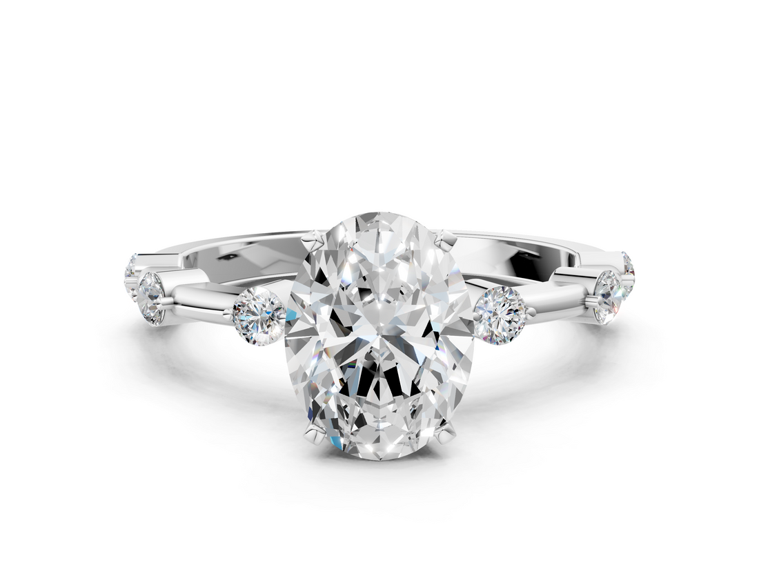White gold Oval Solitaire Diamond Ring with Bezel Set Side Stones and Prong Setting_24