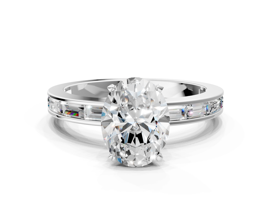White gold Oval Solitaire Diamond Ring with Channel-Set Baguette Band and Four-Prong Setting_116