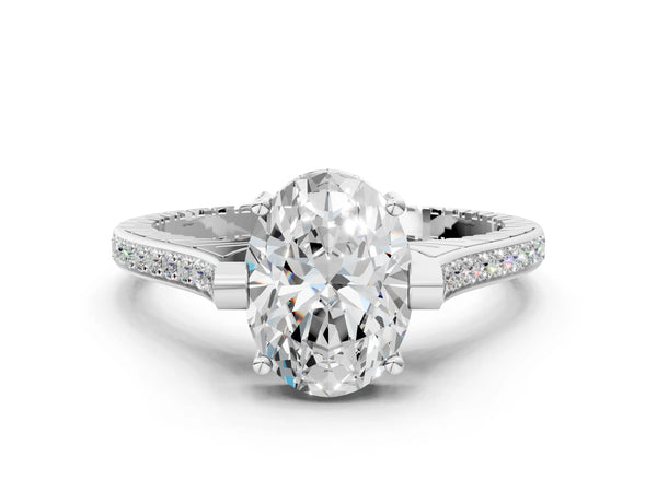 Platinum Oval Vintage Cathedral Engagement Ring Setting with Engraved Sides and Pave