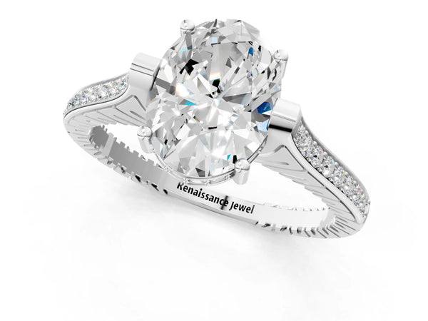 Platinum Oval Vintage Cathedral Engagement Ring Setting with Engraved Sides and Pave