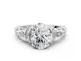 White gold Oval Solitaire Diamond Ring with Filigree Band and Four-Prong Setting_102
