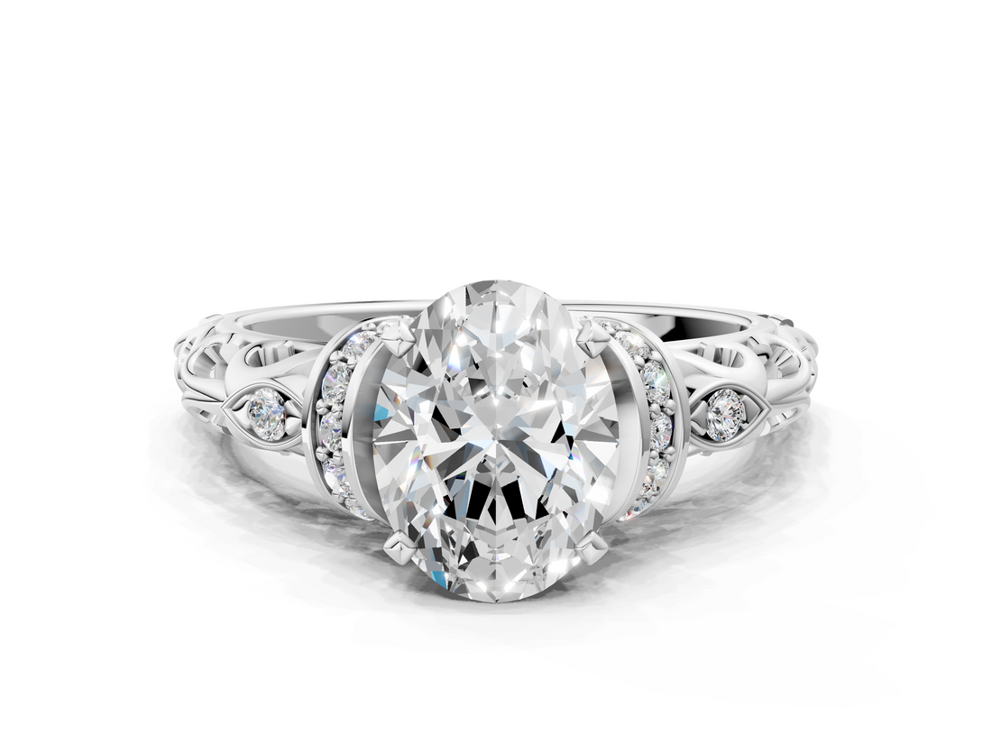 White gold Oval Solitaire Diamond Ring with Filigree Band and Four-Prong Setting_104
