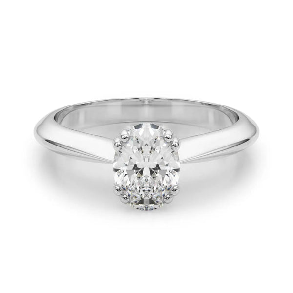 White gold Oval Solitaire Diamond Ring with Four-Prong Setting on a Tapered Band