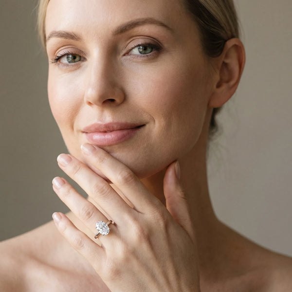 White gold Oval Solitaire Diamond Ring with Four-Prong Setting on a Tapered Band