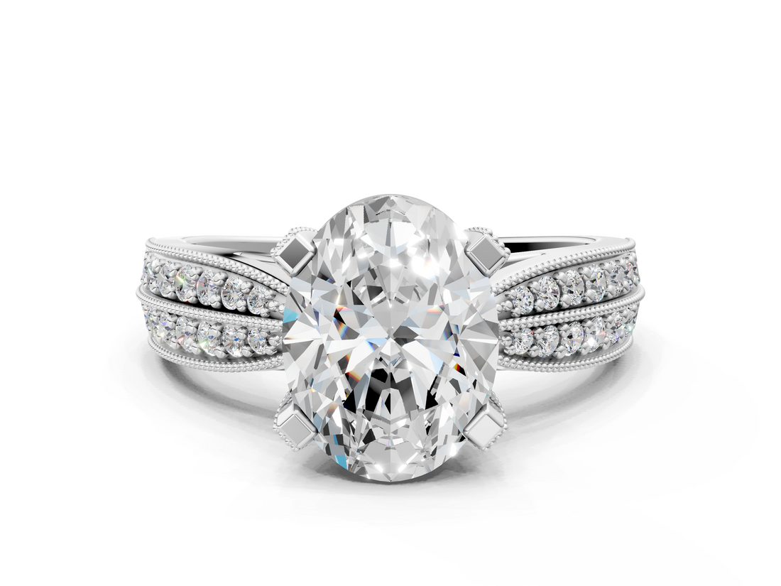 White gold Oval Solitaire Diamond Ring with Milgrain Pavé Band and Four-Prong Setting_121