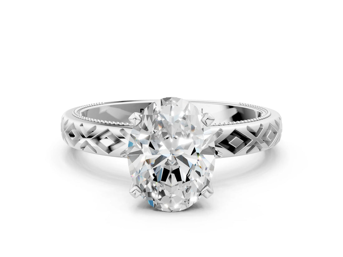 White gold Oval Solitaire Diamond Ring with Milgrain and Black Enamel X Pattern Band_197