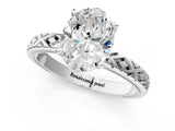 White gold Oval Solitaire Diamond Ring with Milgrain and Black Enamel X Pattern Band_198