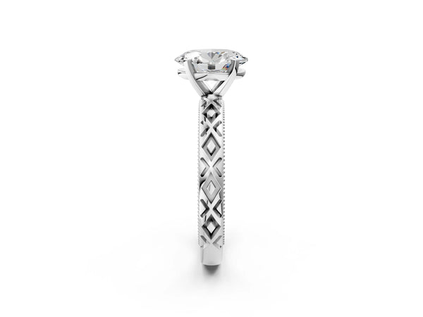 Platinum Oval Vintage Solitaire Engagement Ring Setting with Milgrain X Pattern Band