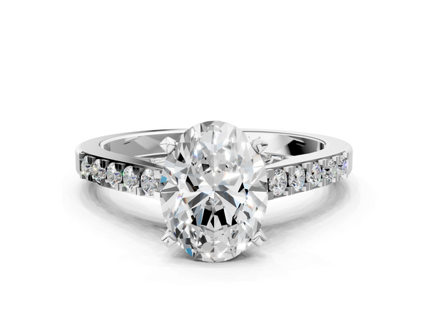 White gold Oval Diamond Solitaire Ring with Pavé Band and Prong Setting