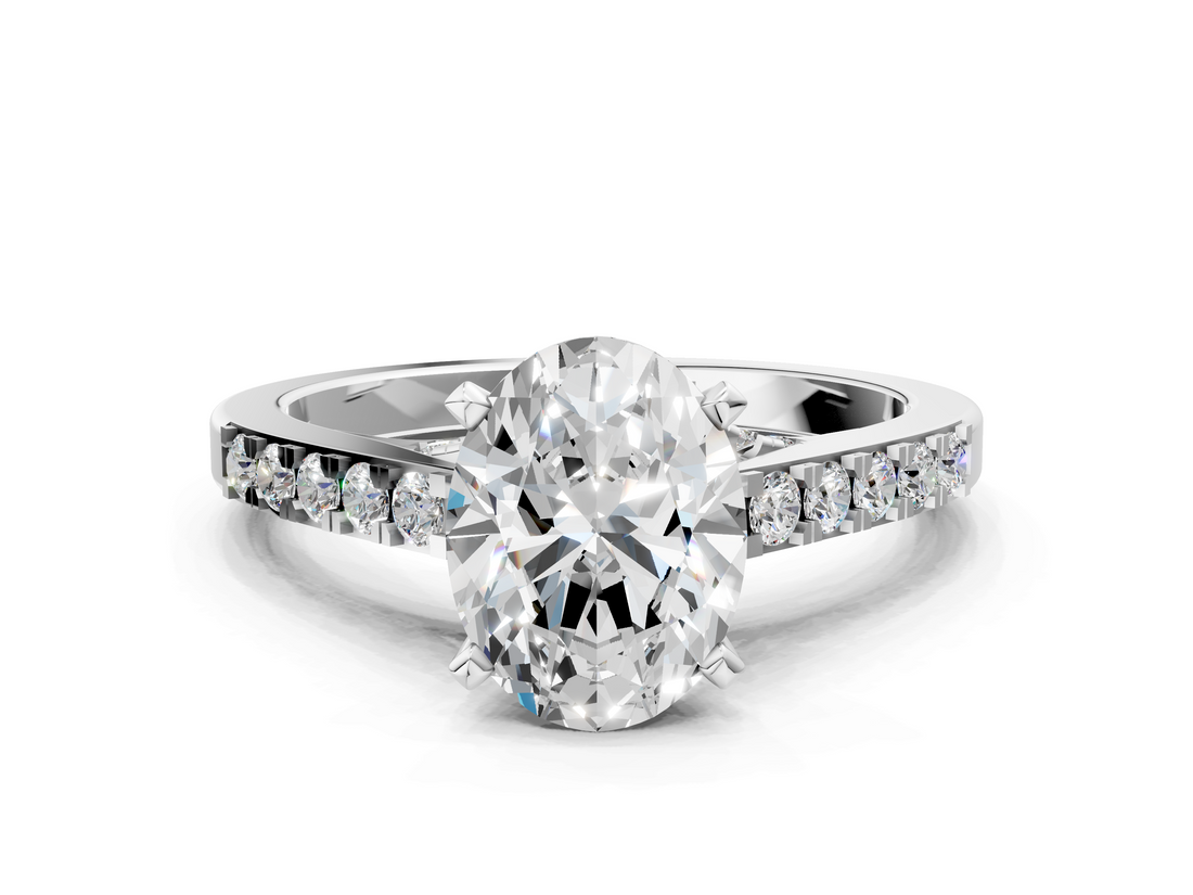 White gold Oval Solitaire Diamond Ring with Pavé Band and Four-Prong Setting_101