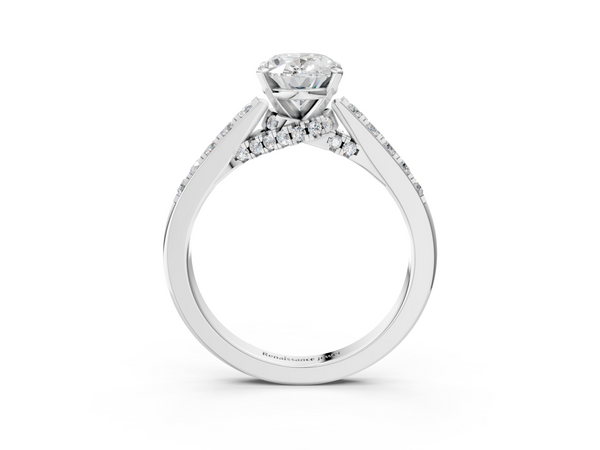 White gold Oval Diamond Solitaire Ring with Pavé Band and Prong Setting