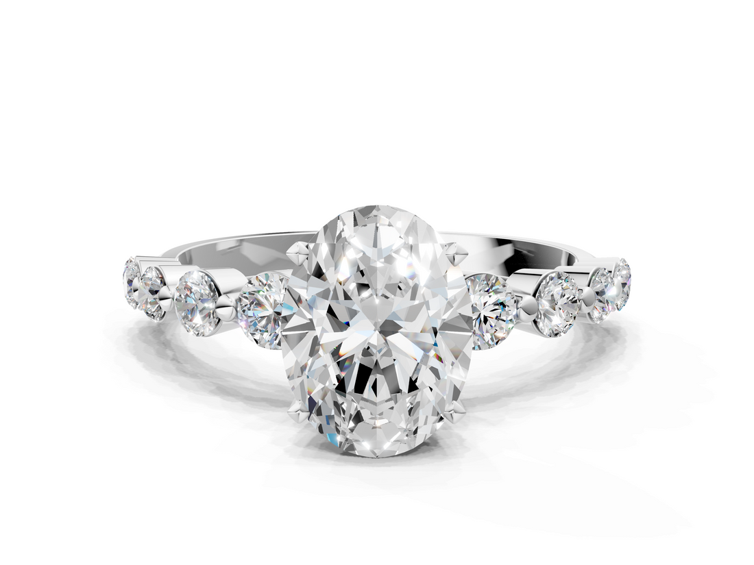 White gold Oval Solitaire Diamond Ring with Pave Band and Four-Prong Setting_289