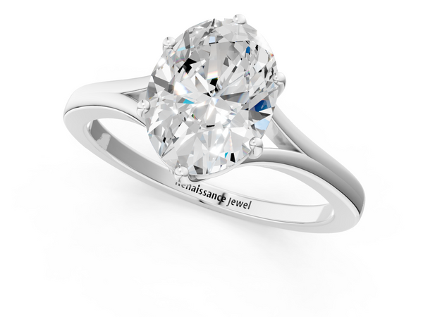 White gold Oval Solitaire Diamond Ring with Six-Prong Setting and Tapered Band