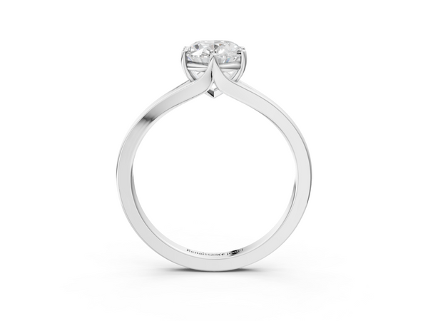 White gold Oval Solitaire Diamond Ring with Six-Prong Setting and Tapered Band