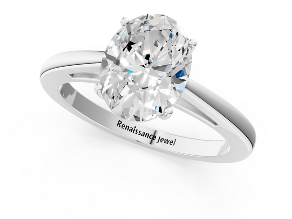 White gold Oval Solitaire Diamond Ring with Split Shank and Four-Prong Setting