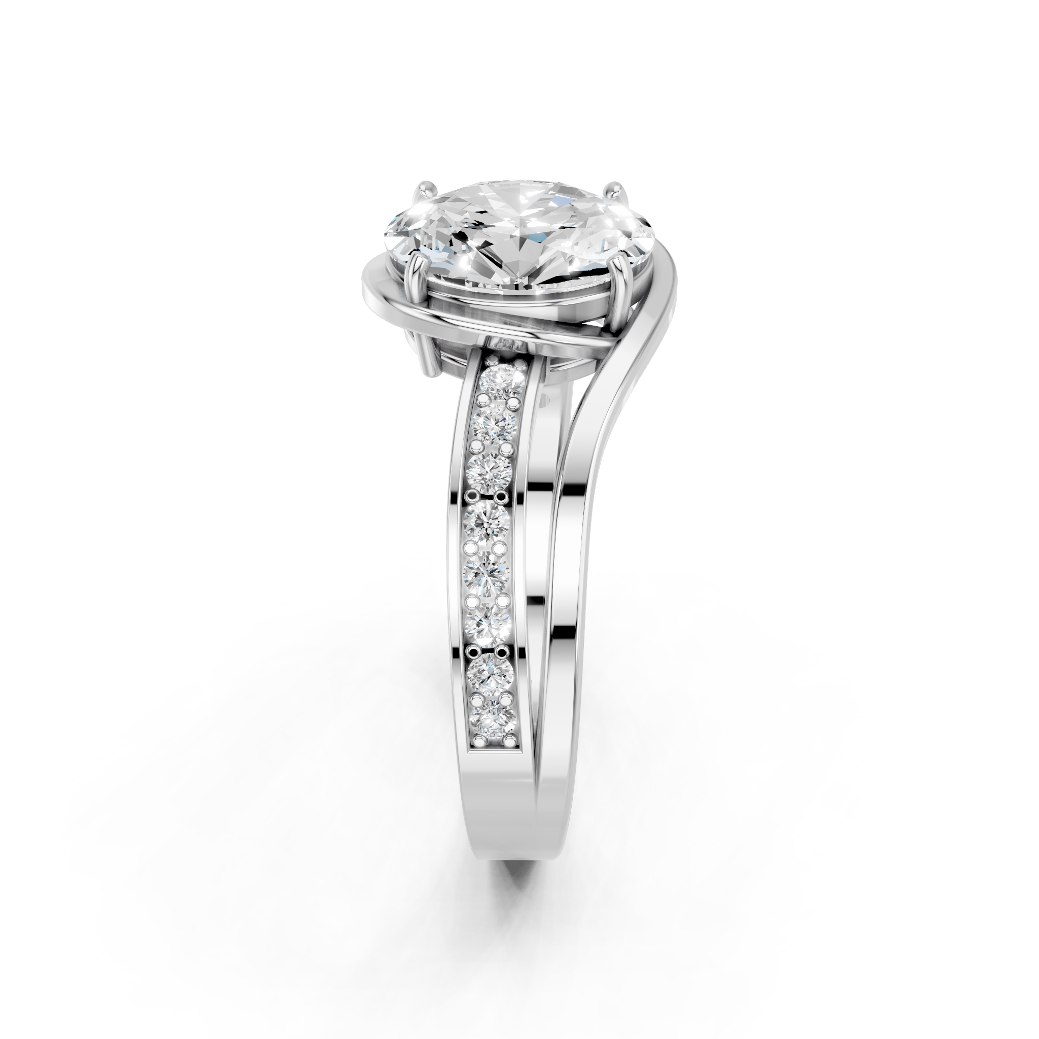 White gold Oval Solitaire Diamond Ring with Split Shank and Prong Setting_106