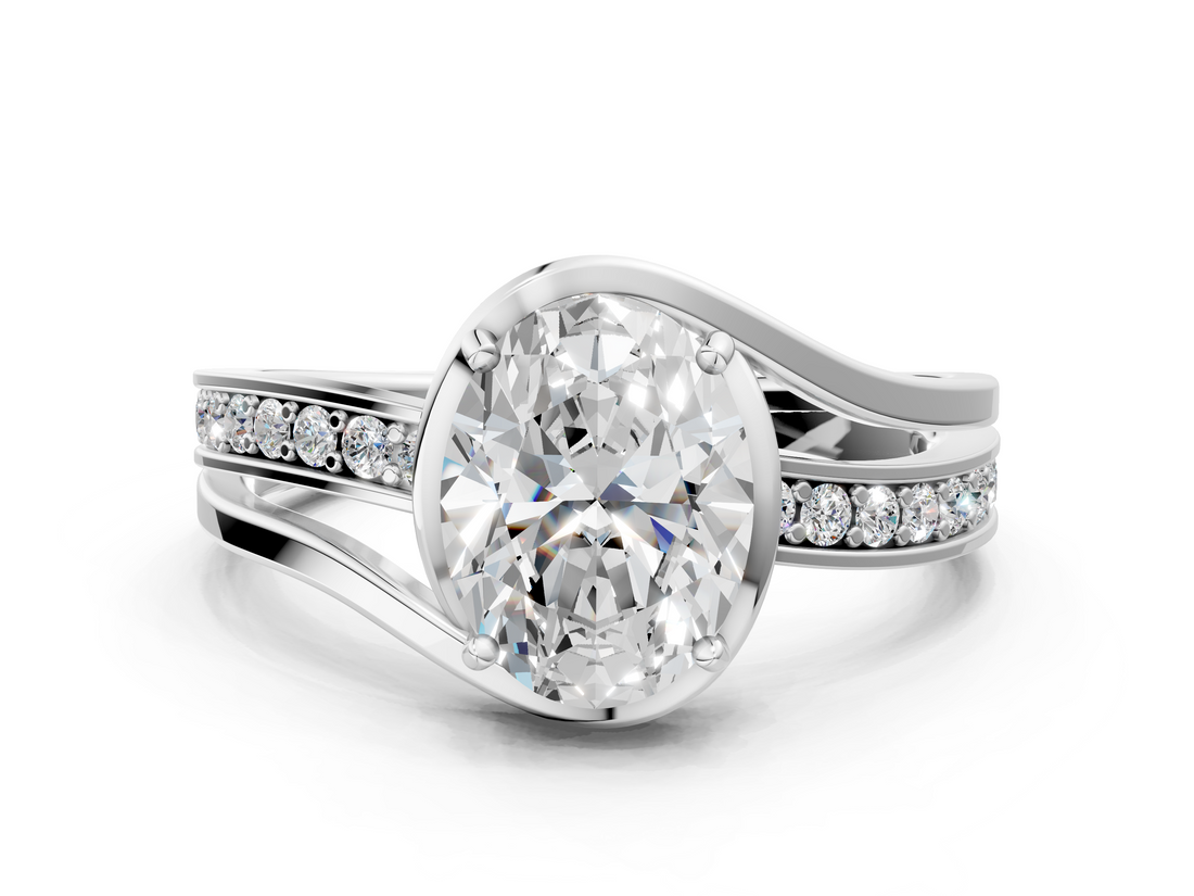 White gold Oval Solitaire Diamond Ring with Split Shank and Prong Setting_143