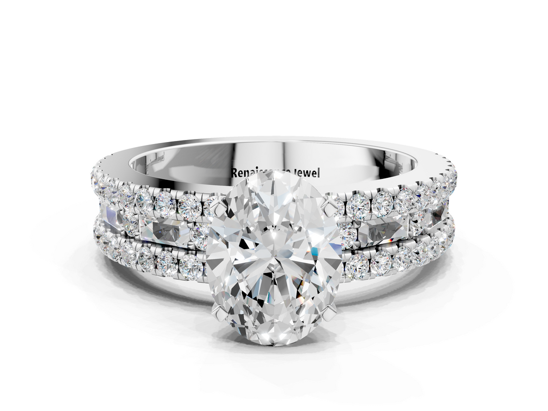 White gold Oval Solitaire Diamond with Pave and Channel Set Band_104