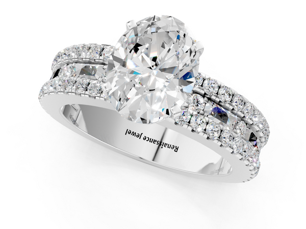 White Gold Oval Baguette Side Stone Engagement Ring Setting with Pave and Channel Band