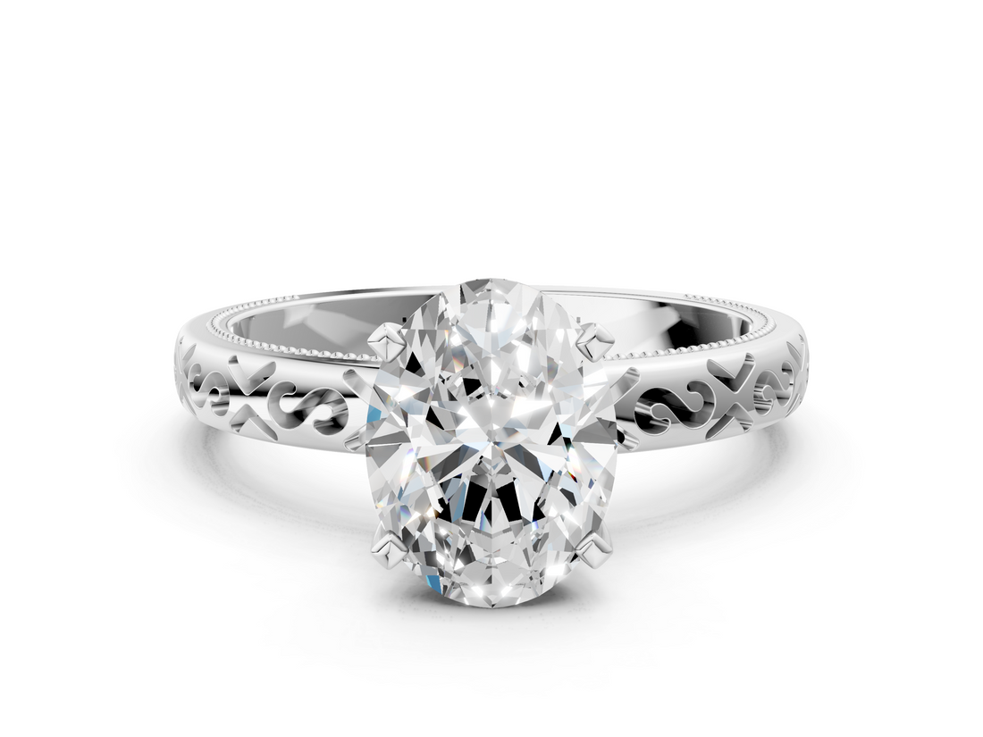 White gold Oval Solitaire Engagement Ring with Scrollwork Band and Four-Prong Setting_155