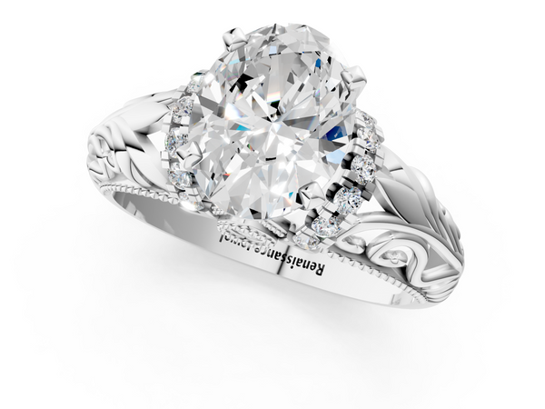 White Gold Oval Solitaire Filigree Engagement Ring Setting with Accented Basket and Leaf Scrolls
