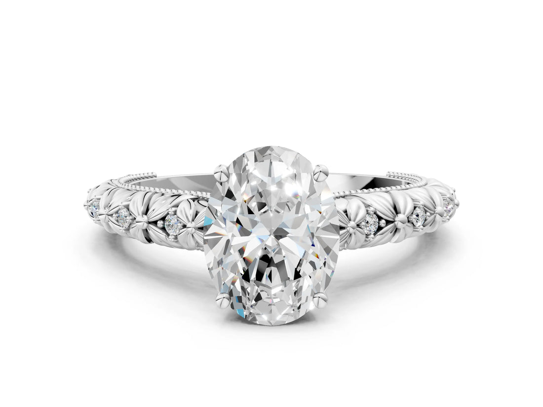 White gold Oval Solitaire Floral Milgrain Engagement Ring_31