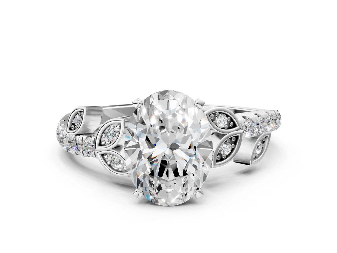 White gold Oval Solitaire Leaf-Inspired Diamond Ring with Pavé Band and Four-Prong Setting_4