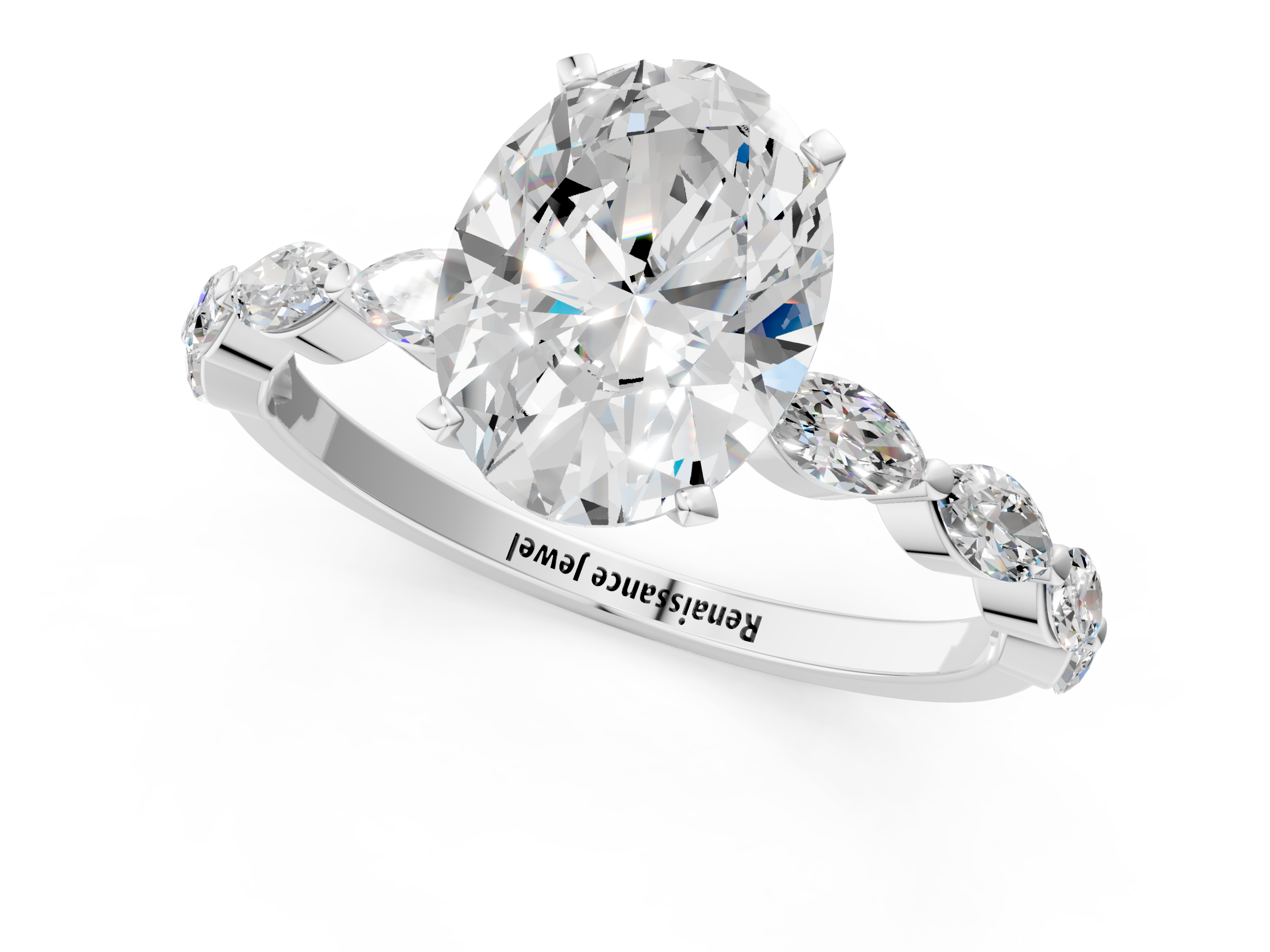 White gold Oval Solitaire Marquise Side Stone Prong Setting Ring_70