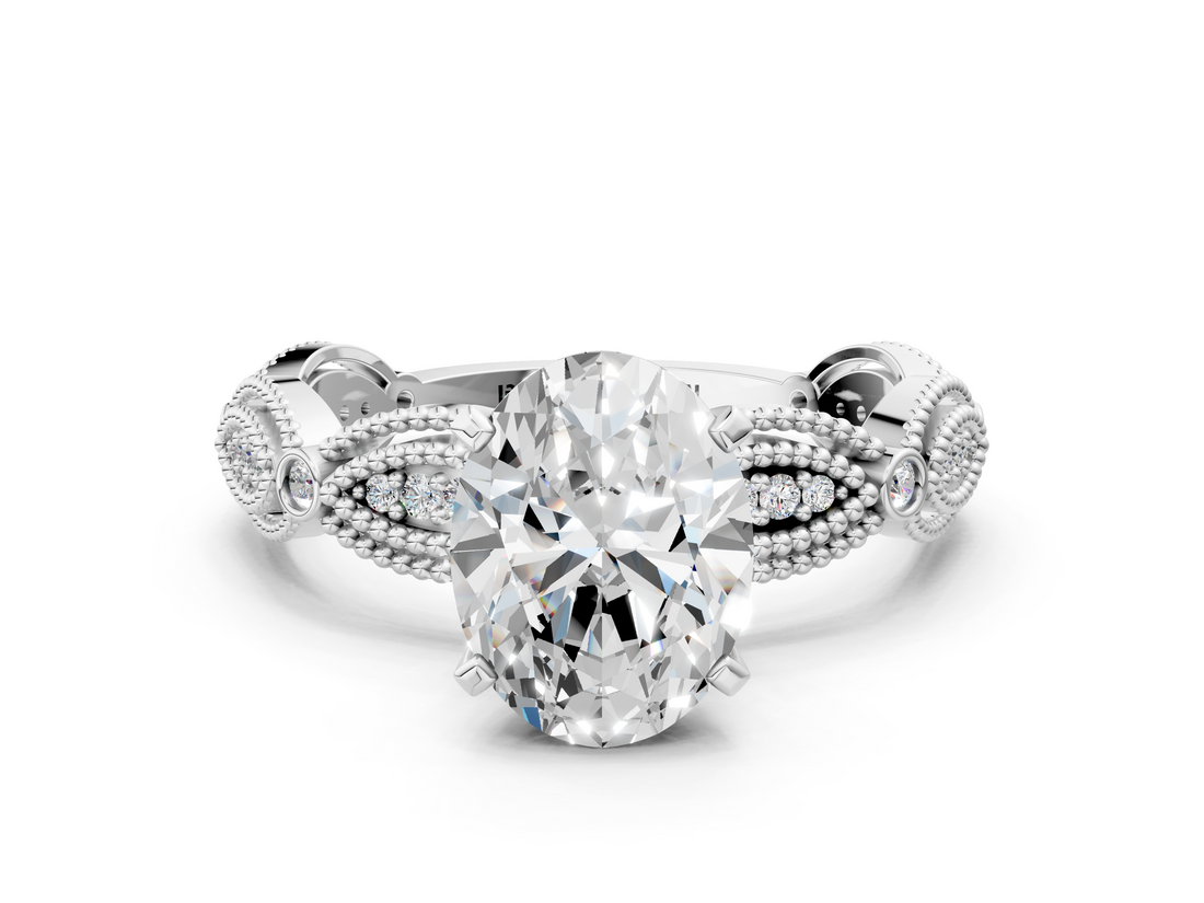 White gold Oval Solitaire Milgrain Diamond Engagement Ring with Bezel and Marquise Band_164