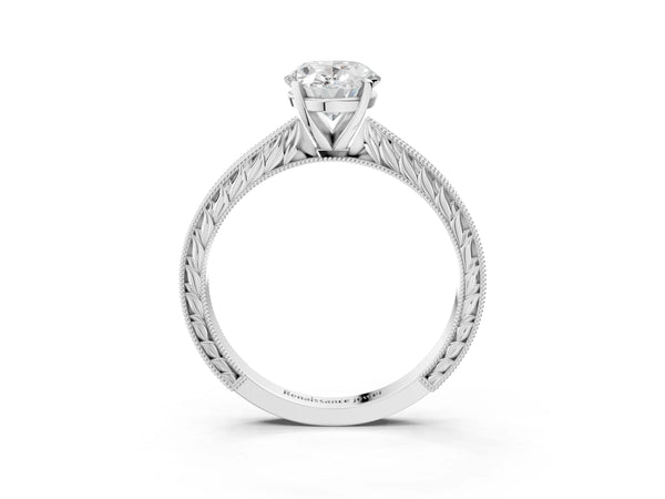 Platinum Oval Vintage Solitaire Engagement Ring Setting with Milgrain Engraved Band