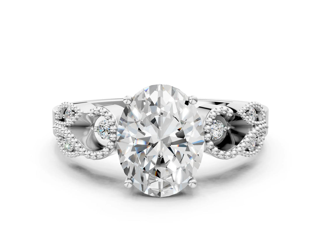 White gold Oval Solitaire Milgrain Leaf Band with Prong Setting_11