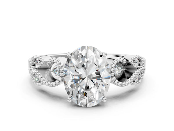 White gold Oval Solitaire Milgrain Leaf Band with Prong Setting