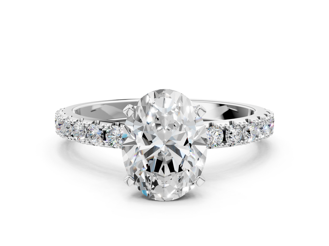 14K White Gold 5.63 Carat E VS1 Oval Diamond Solitaire Pavé Band with Four-Prong Setting