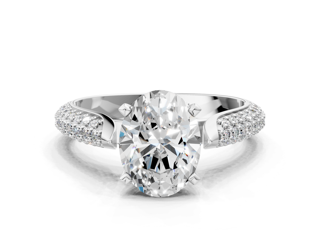 White gold Oval Solitaire Pavé Diamond Engagement Ring with Four-Prong Setting_161