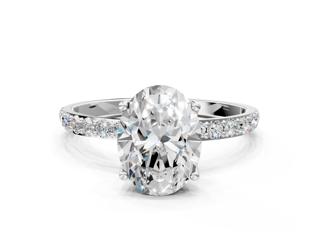 10K White Gold 0.53 Carat D VS1 Oval Diamond Solitaire Engagement Ring with Round  Pavé Band and Prong Setting