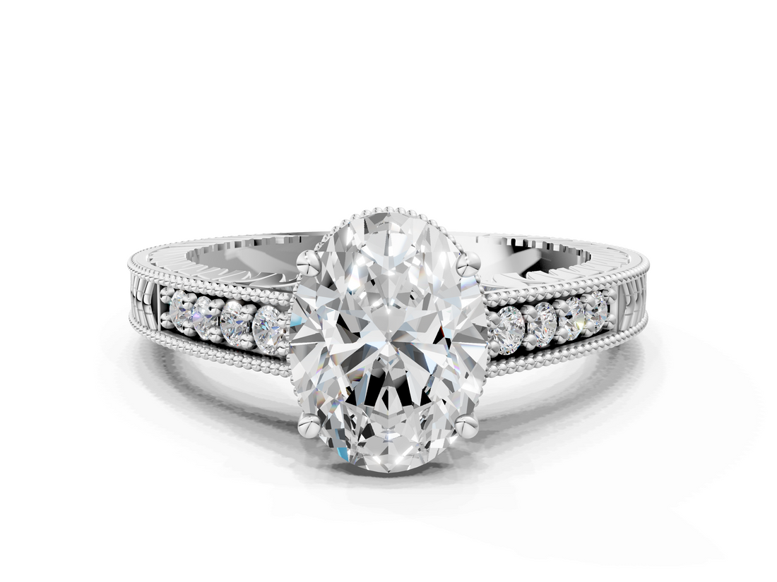 White gold Oval Solitaire Pavé Diamond Milgrain Engagement Ring with Four-Prong Setting_21