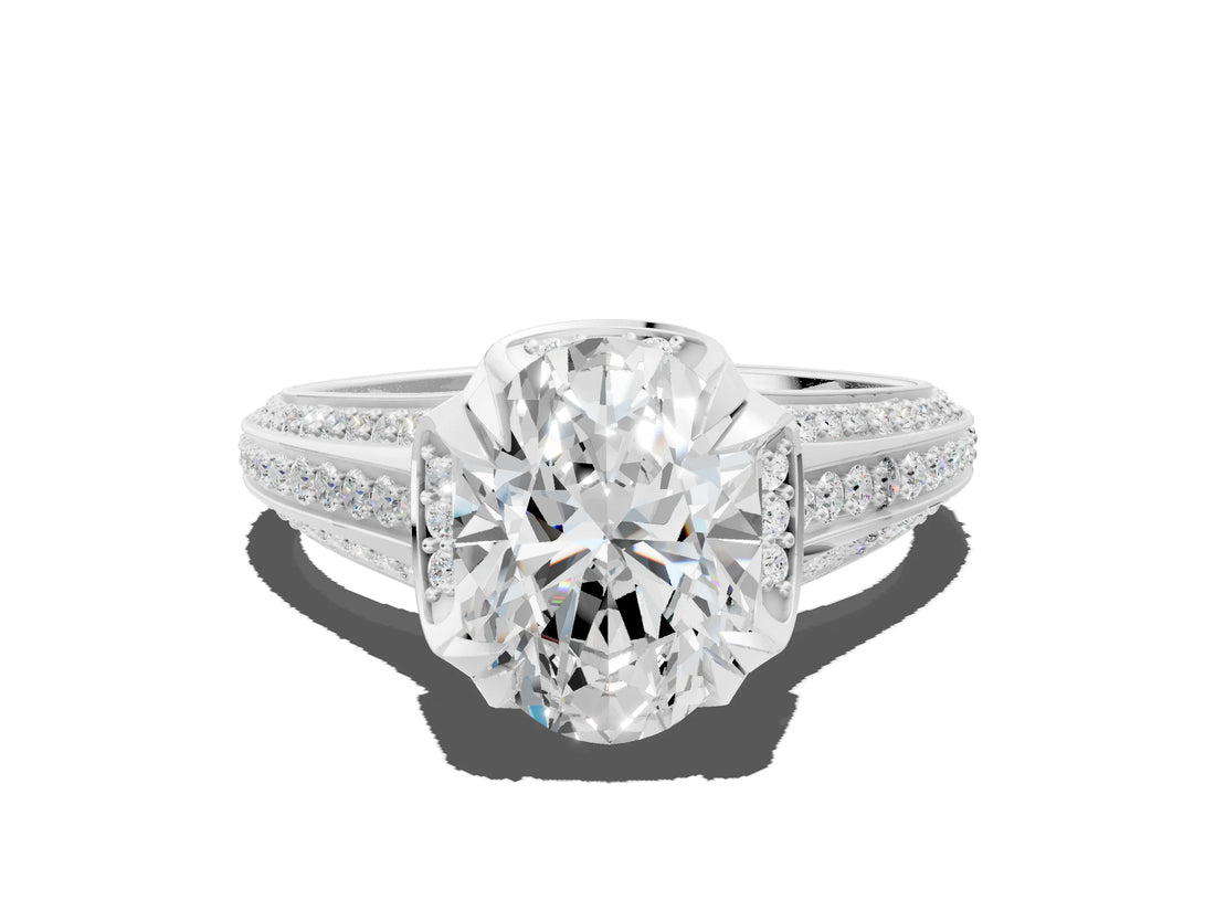 White gold Oval Solitaire Pave Split Shank Ring with Four-Prong Setting_123