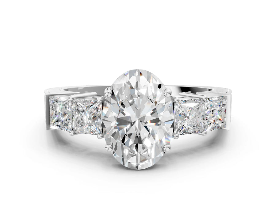 White gold Oval Solitaire Princess Side Stone Engraved Band Prong Setting Ring