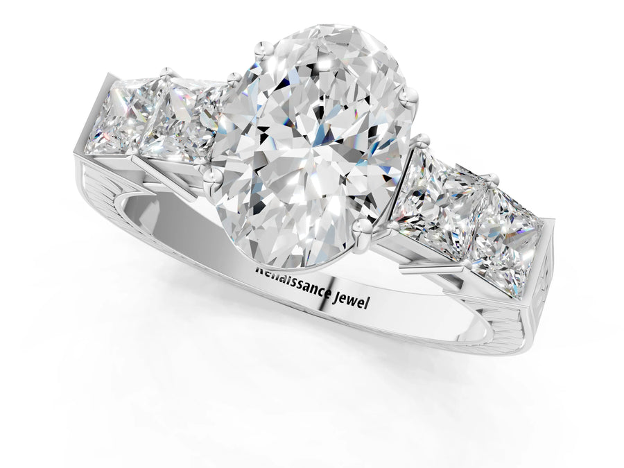 White gold Oval Solitaire Princess Side Stone Engraved Band Prong Setting Ring