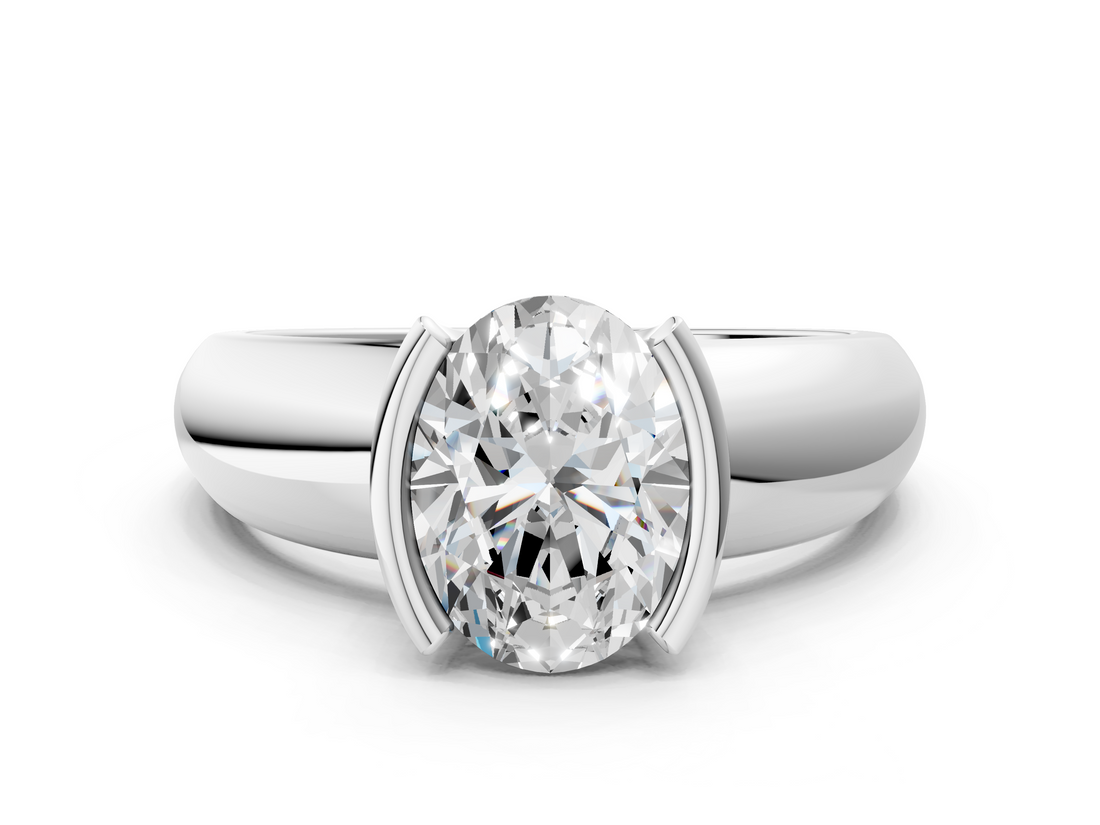White gold Oval Solitaire Tension Set Diamond Ring with Wide Band_20