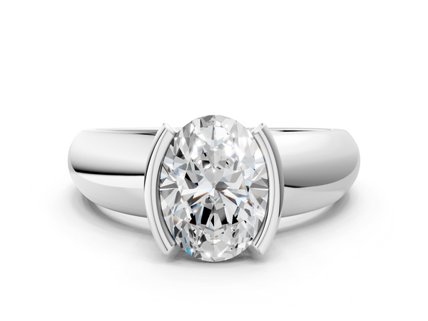 White gold Oval Solitaire Tension Set Diamond Ring with Wide Band