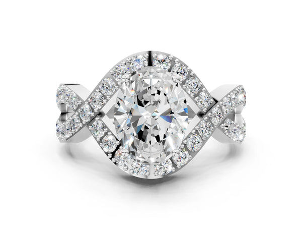 White gold Oval Solitaire Twist Band Pavé Diamond Engagement Ring