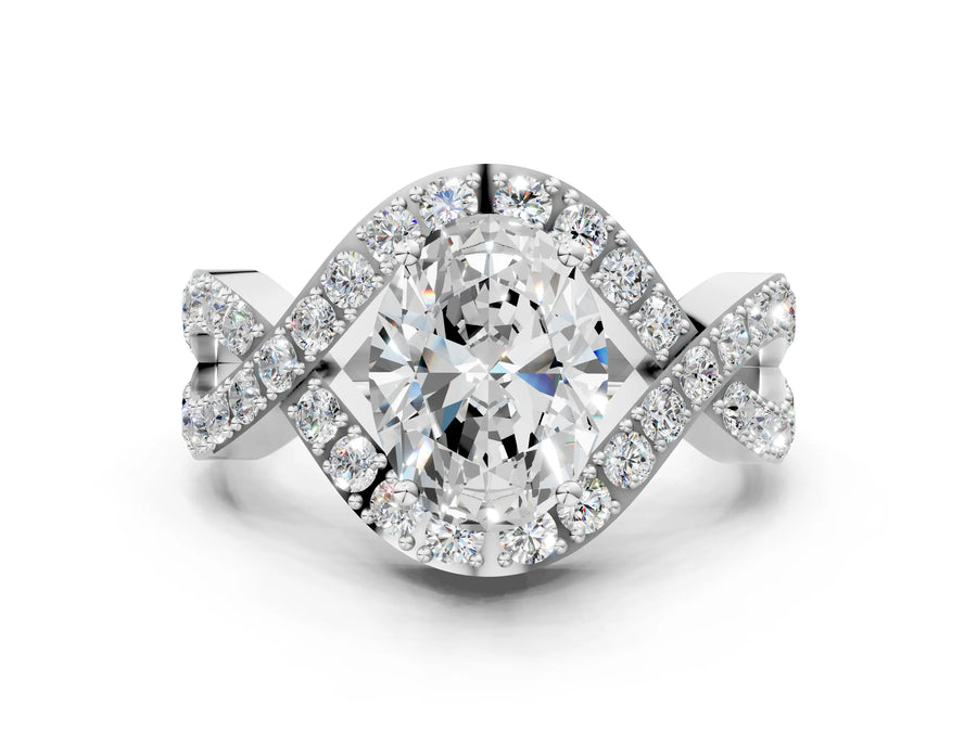 White gold Oval Solitaire Twist Band Pavé Diamond Engagement Ring