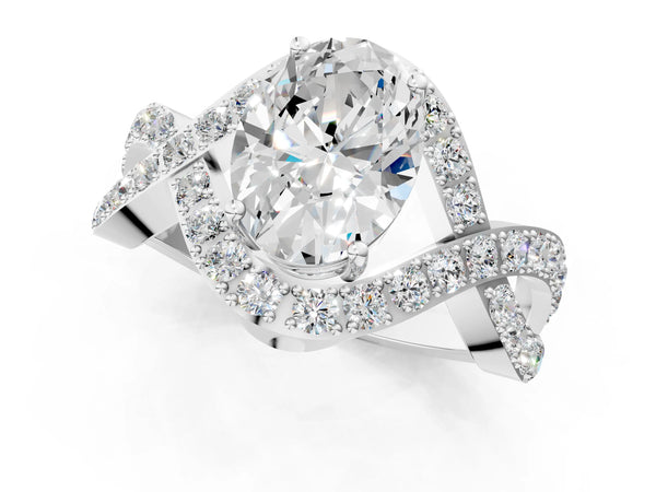 White gold Oval Solitaire Twist Band Pavé Diamond Engagement Ring