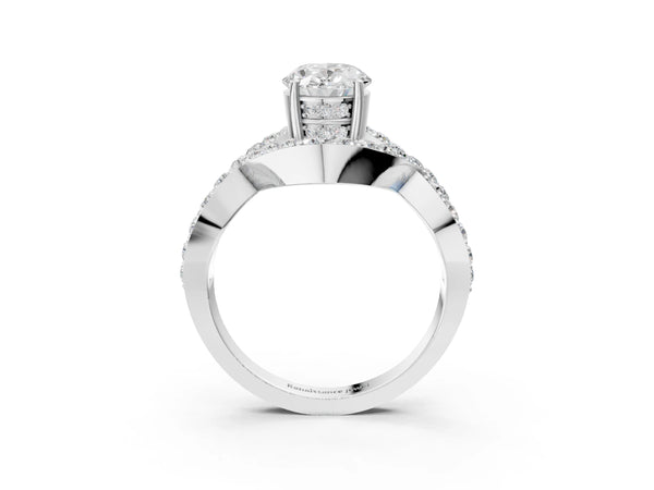 White gold Oval Solitaire Twist Band Pavé Diamond Engagement Ring